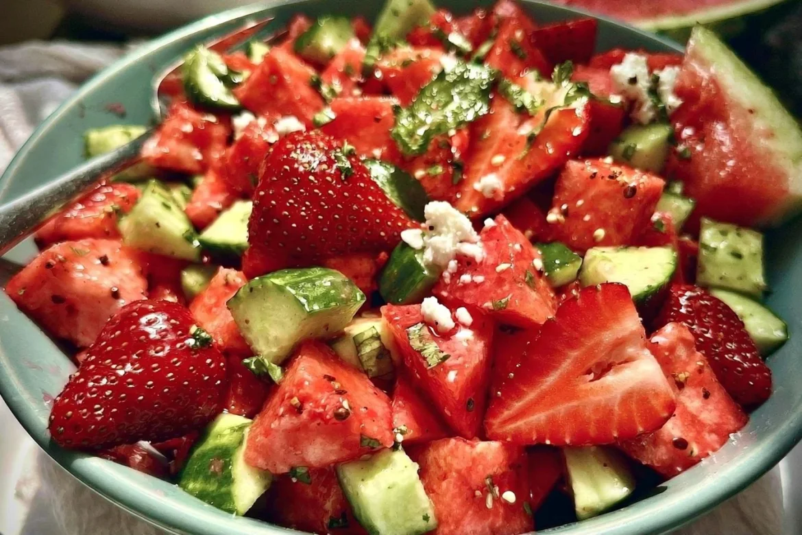 Strawberry Watermelon Cucumber Salad with fresh ingredients in a bowl