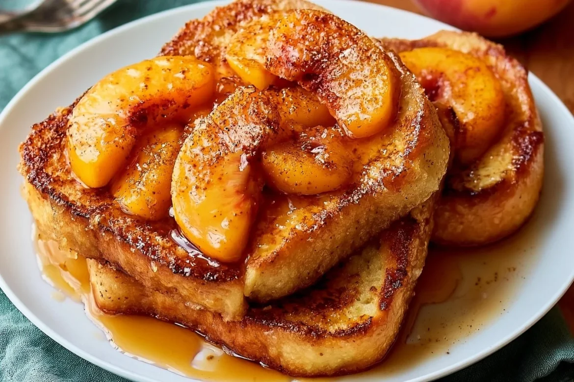 Delicious Sweet Peach French Toast topped with fresh peaches and syrup