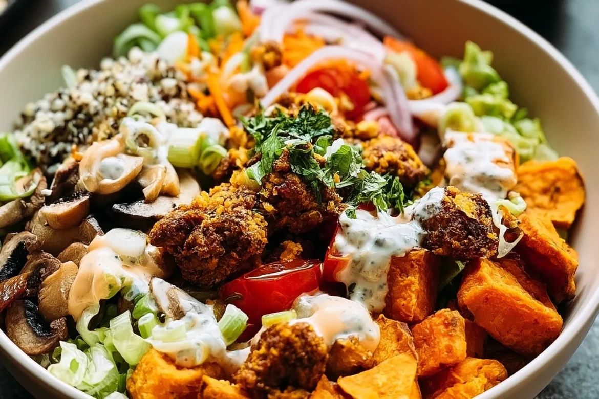 A colorful sweet potato burger bowl topped with greens and veggies.