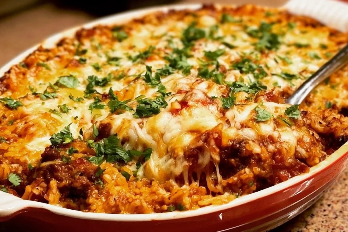 Delicious Taco Rice Casserole topped with cheese and fresh ingredients