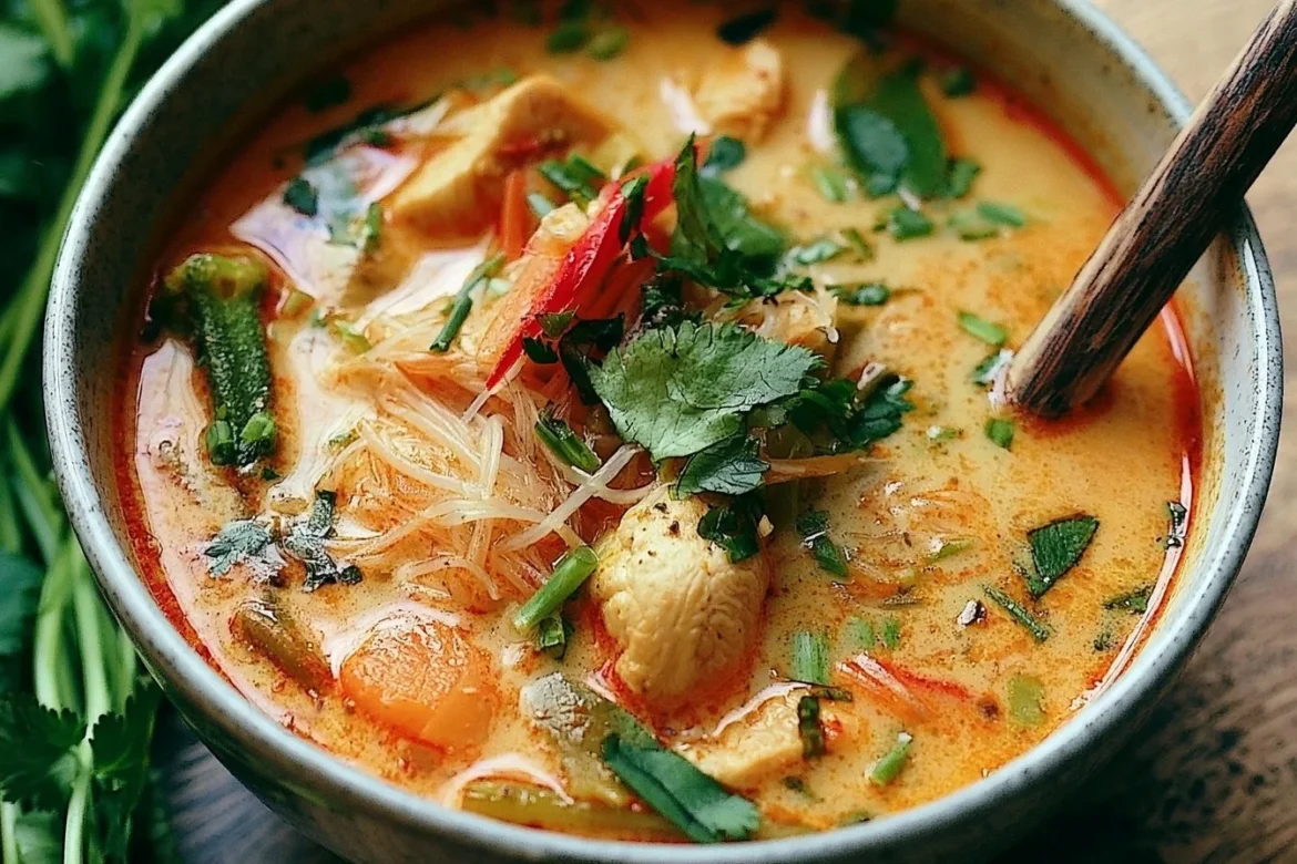 Bowl of Thai Red Curry Noodle Soup garnished with fresh herbs and vegetables