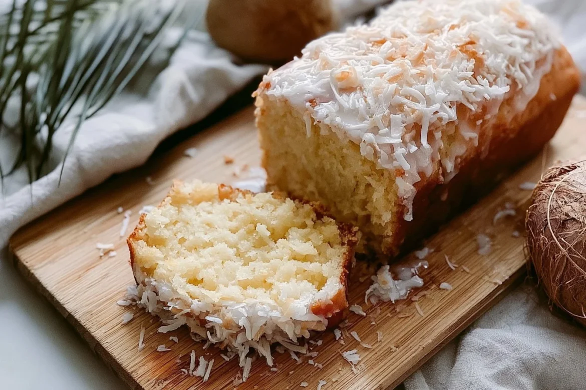 Homemade coconut bread sliced and served on a wooden table
