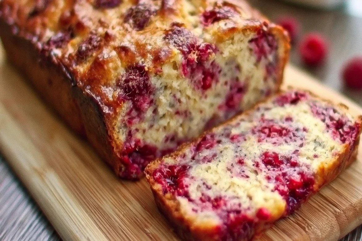 Slice of delicious raspberry bread on a wooden table