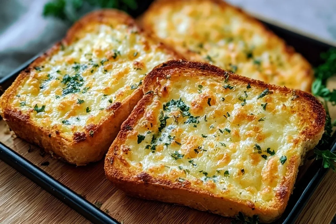 Toasted cheesy garlic bread slices topped with melted cheese and garlic