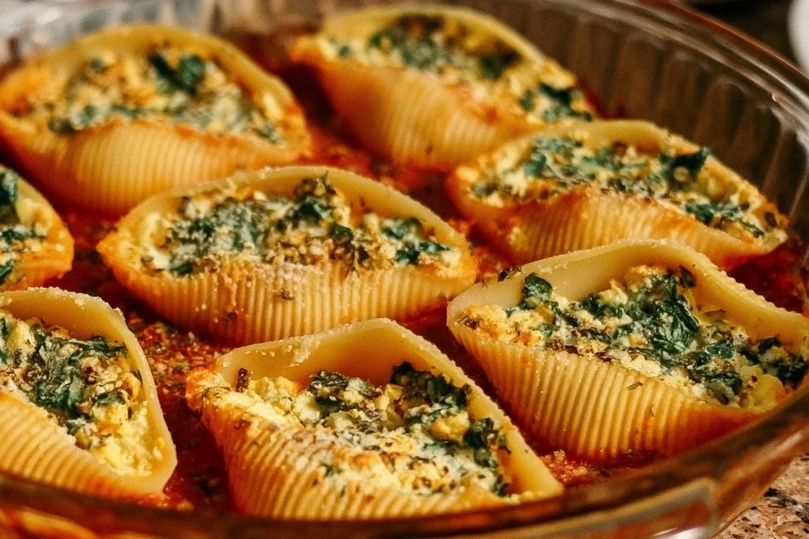 Plate of Tofu Ricotta Stuffed Shells with Spinach, garnished and ready to serve.