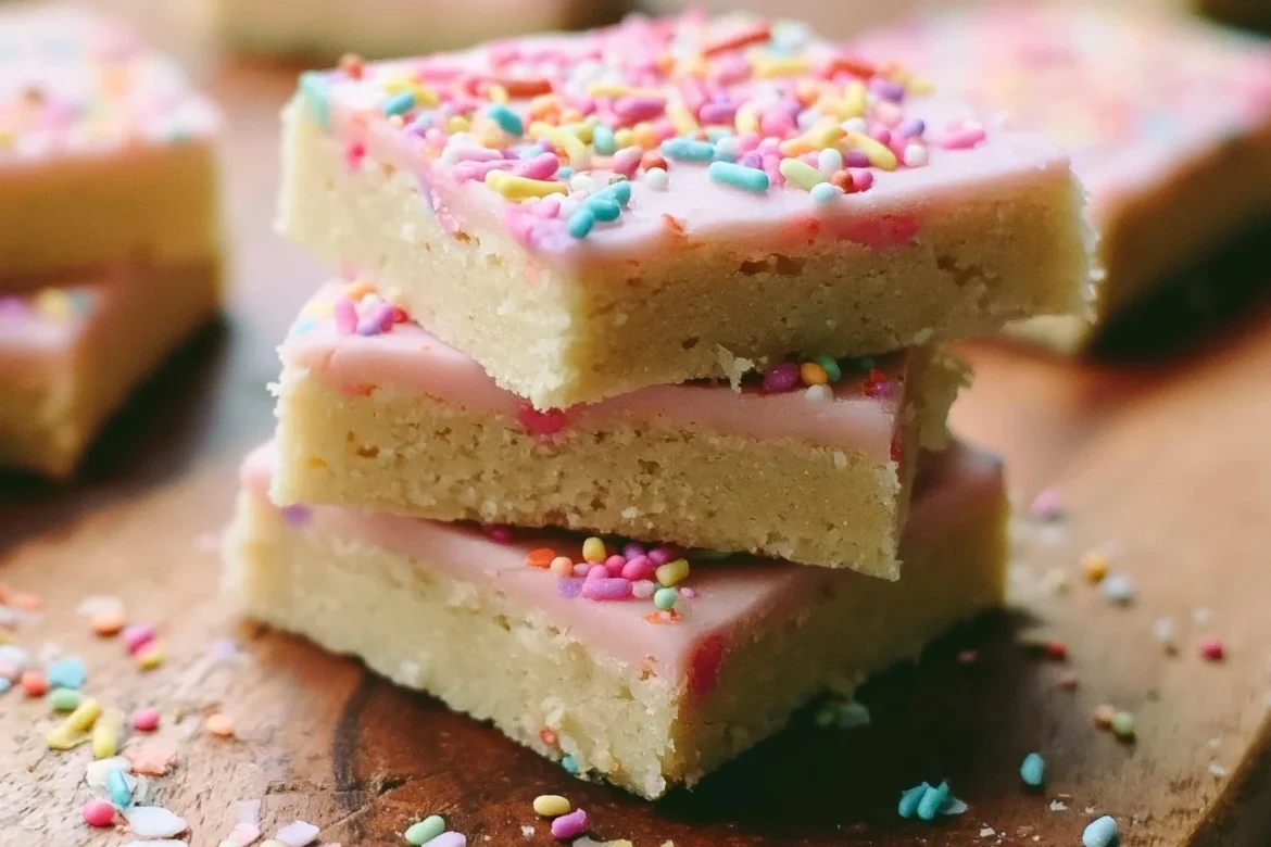 Delicious vegan sugar cookie bars topped with sprinkles on a white plate