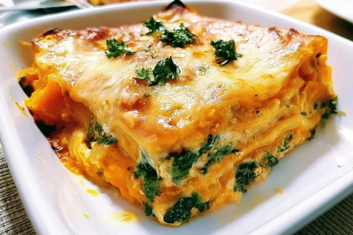 Vegetarian Pumpkin Spinach Lasagna served on a plate