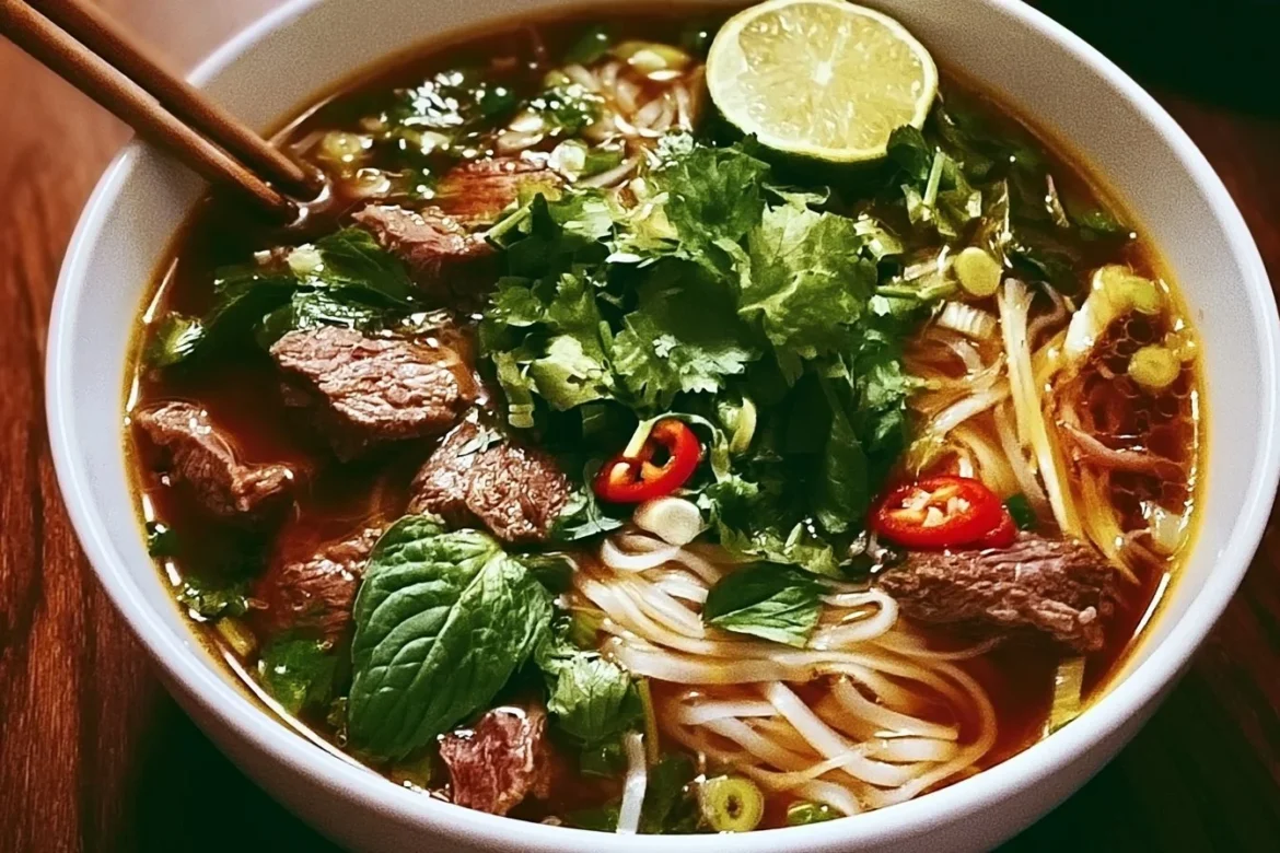 A bowl of authentic Vietnamese beef pho garnished with herbs and lime