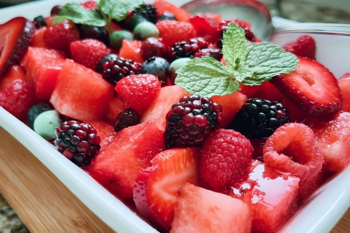 Colorful Watermelon Berry Fruit Salad with fresh fruits and berries