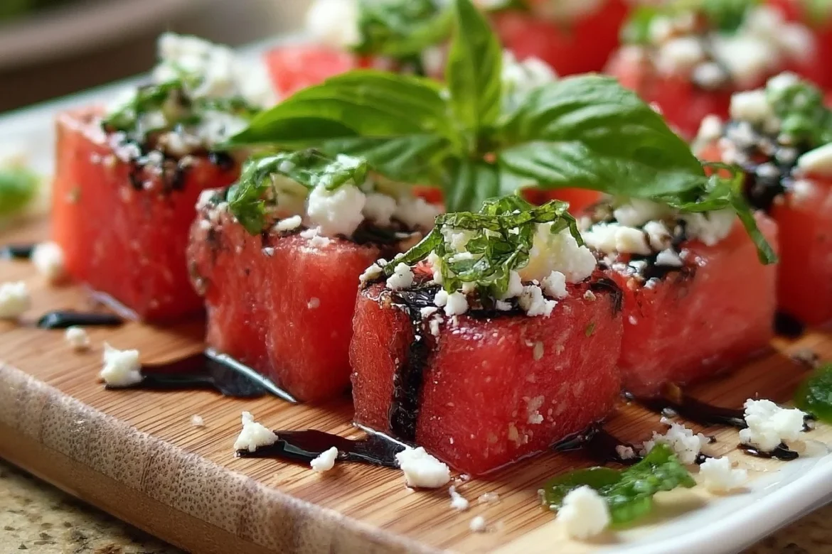 Refreshing watermelon feta and basil bites appetizer on a platter