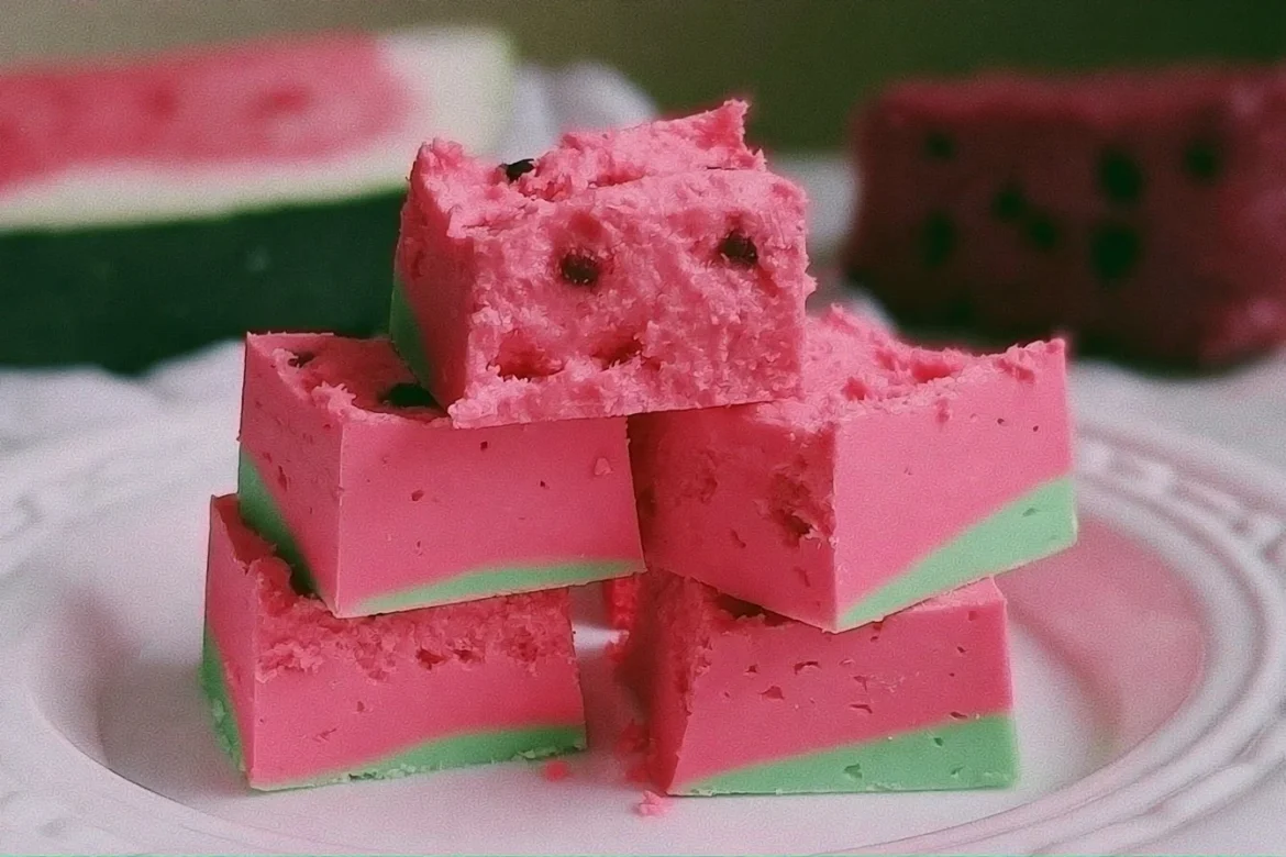Delicious homemade watermelon fudge on a plate