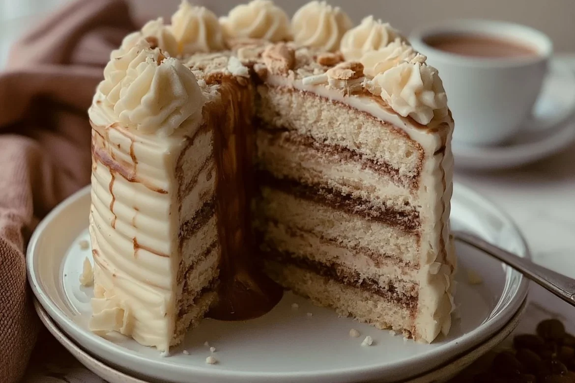 Deliciously frosted White Chocolate Mocha Cake with coffee and white chocolate layers