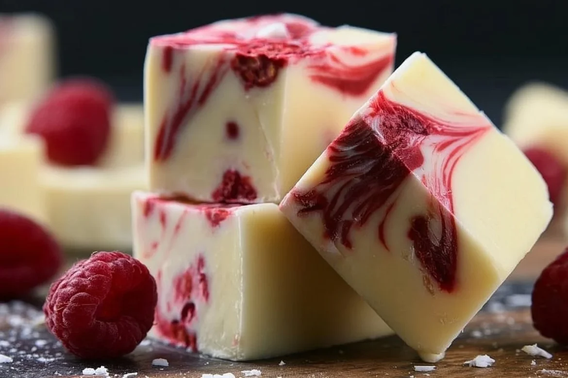 Delicious white chocolate raspberry fudge with vibrant raspberry swirls