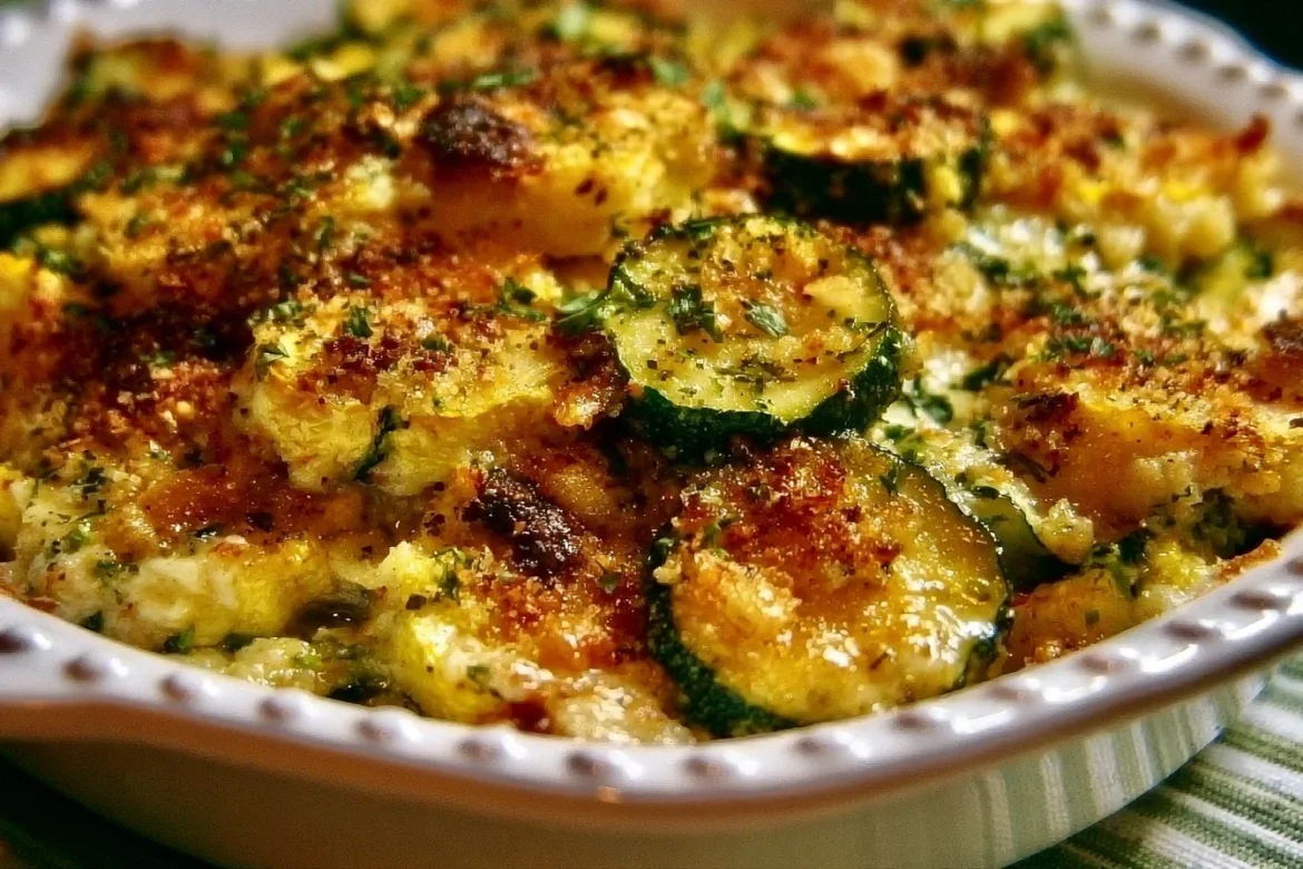 Zucchini and yellow squash casserole baked in a dish with cheese and herbs