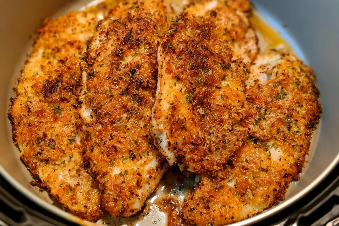 Air Fryer Parmesan Crusted Tilapia served with fresh herbs and lemon wedges