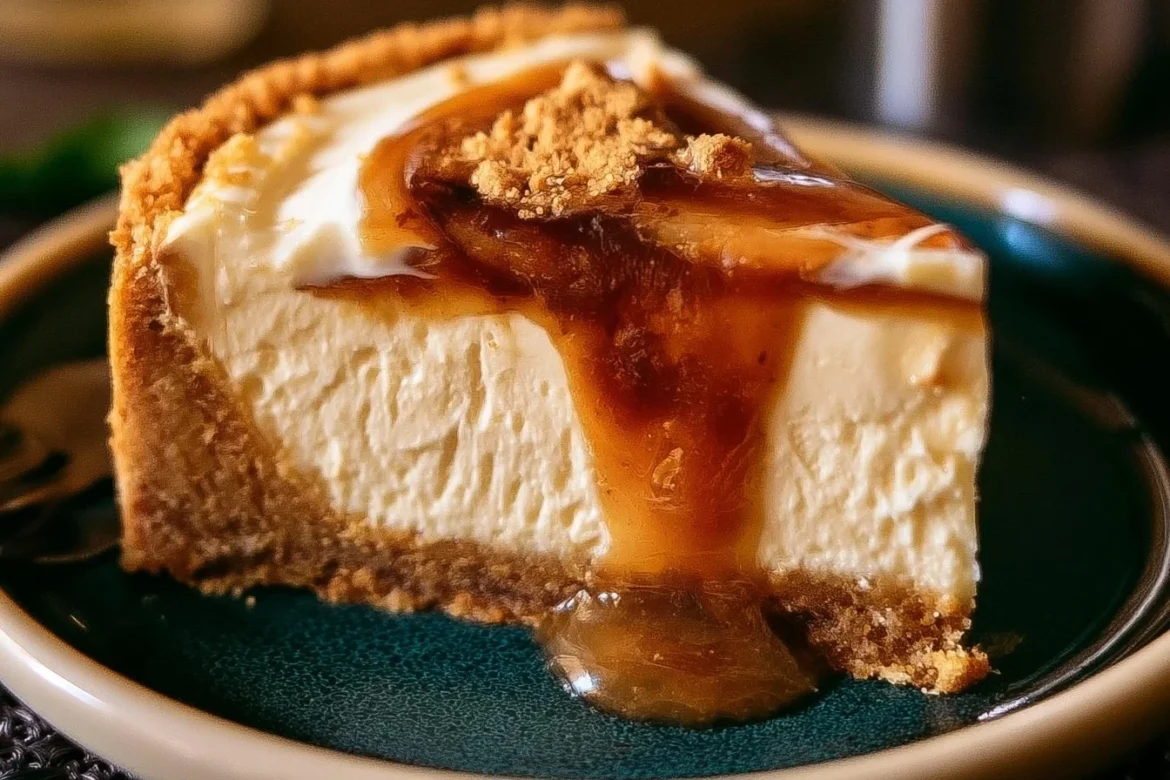 Delicious apple butter cheesecake topped with caramel sauce and spices.