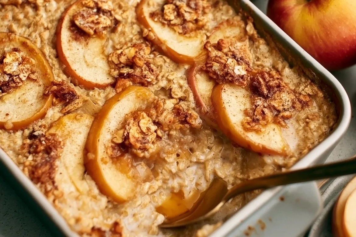 Bowl of apple cinnamon baked oatmeal topped with apple slices and cinnamon