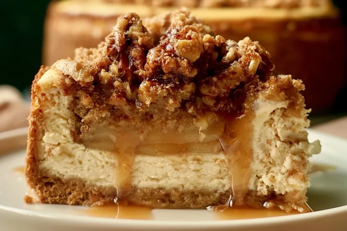 Delicious Apple Crumble Cheesecake with a golden crumble topping and slices of apple.