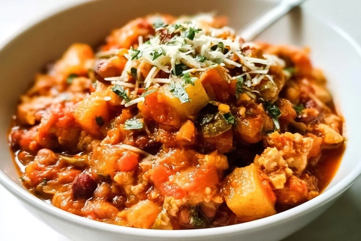Bowl of Apple Sage Turkey Chili garnished with herbs
