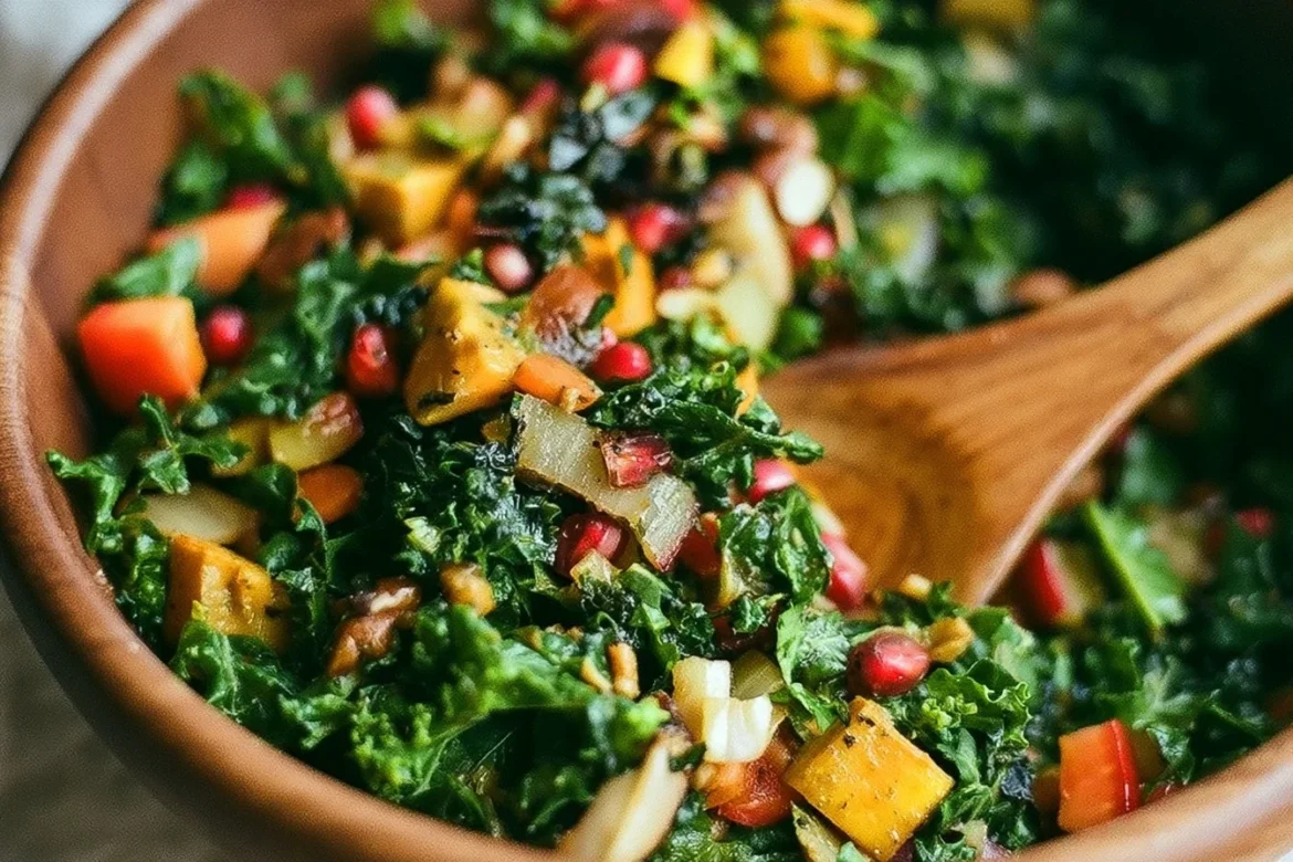 Autumn Kale Salad with Maple Balsamic Vinaigrette served in a rustic bowl