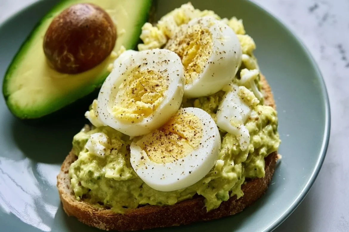 Creamy avocado egg salad in a bowl, garnished with herbs.