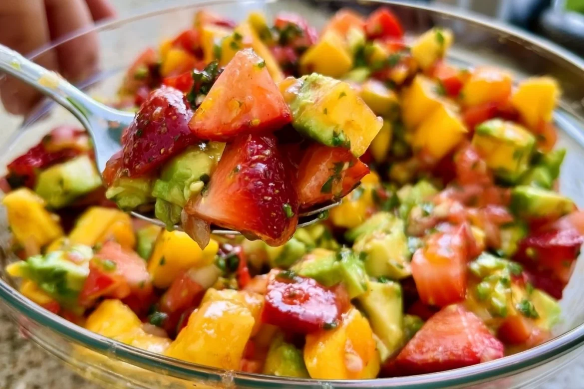 Freshly made Avocado Strawberry Mango Salsa in a colorful bowl