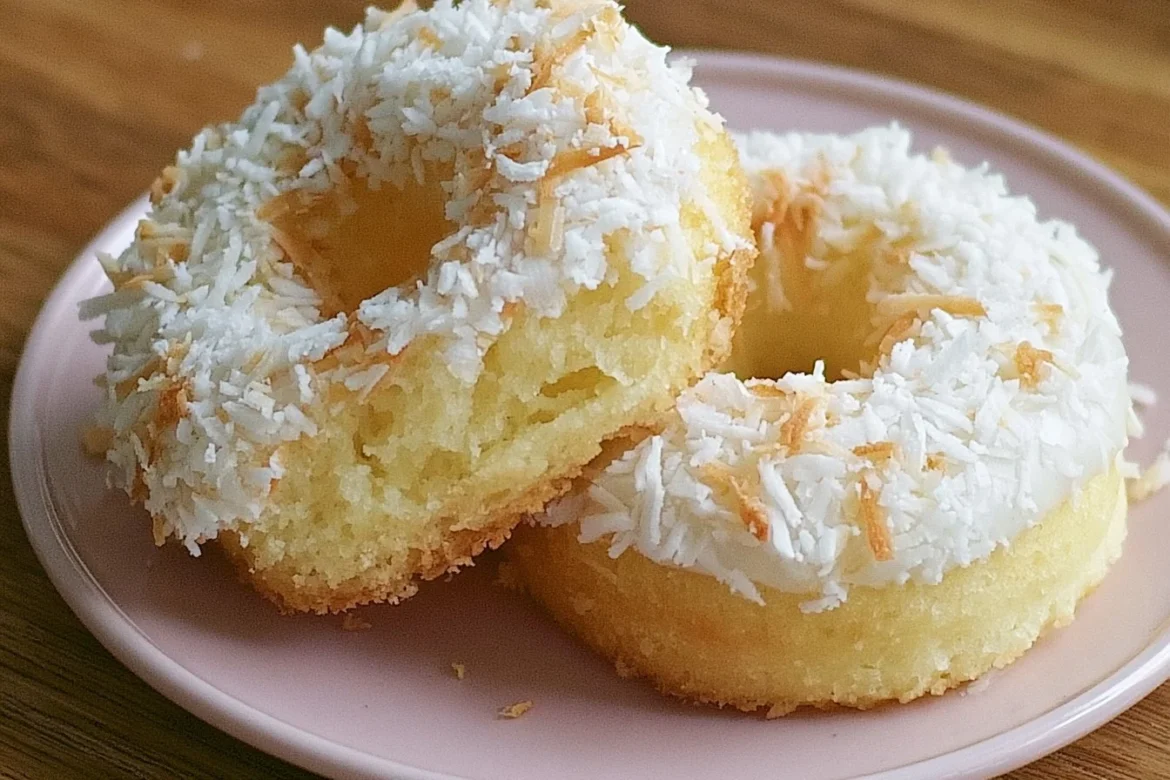 Freshly baked coconut donuts topped with coconut flakes.