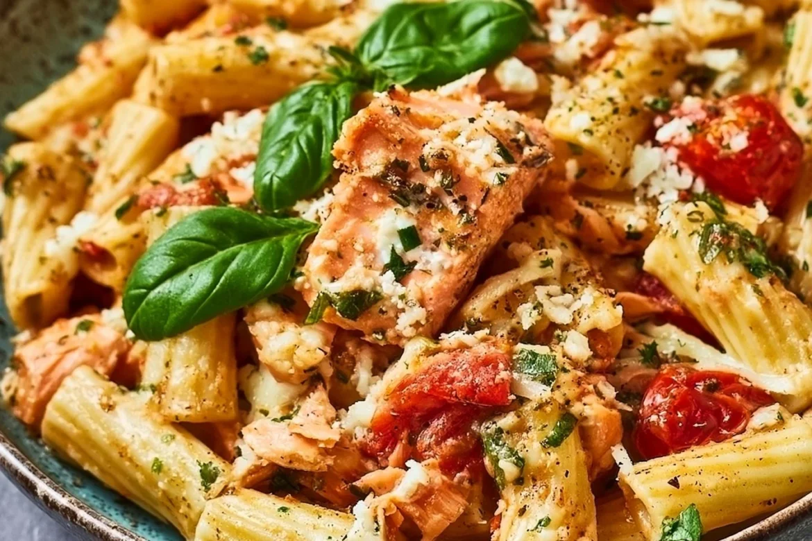 Baked feta pasta topped with salmon and fresh herbs in a serving dish.