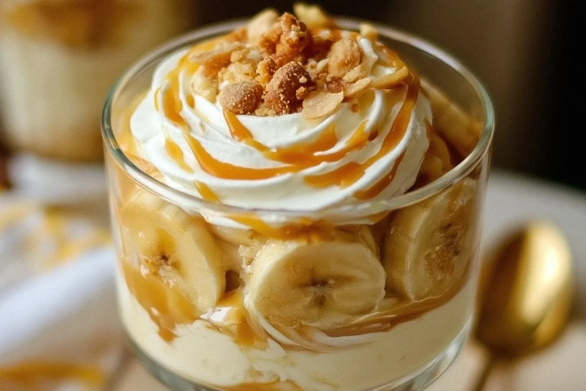 Delicious Banana Caramel Cream dessert garnished with banana slices and caramel sauce