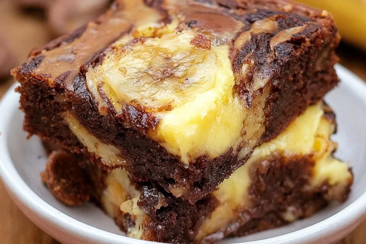 Delicious banana pudding brownies topped with banana slices and whipped cream.