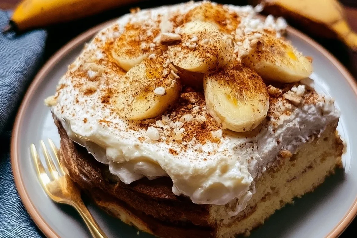 Delicious slice of Banana Three Milks Cake topped with whipped cream
