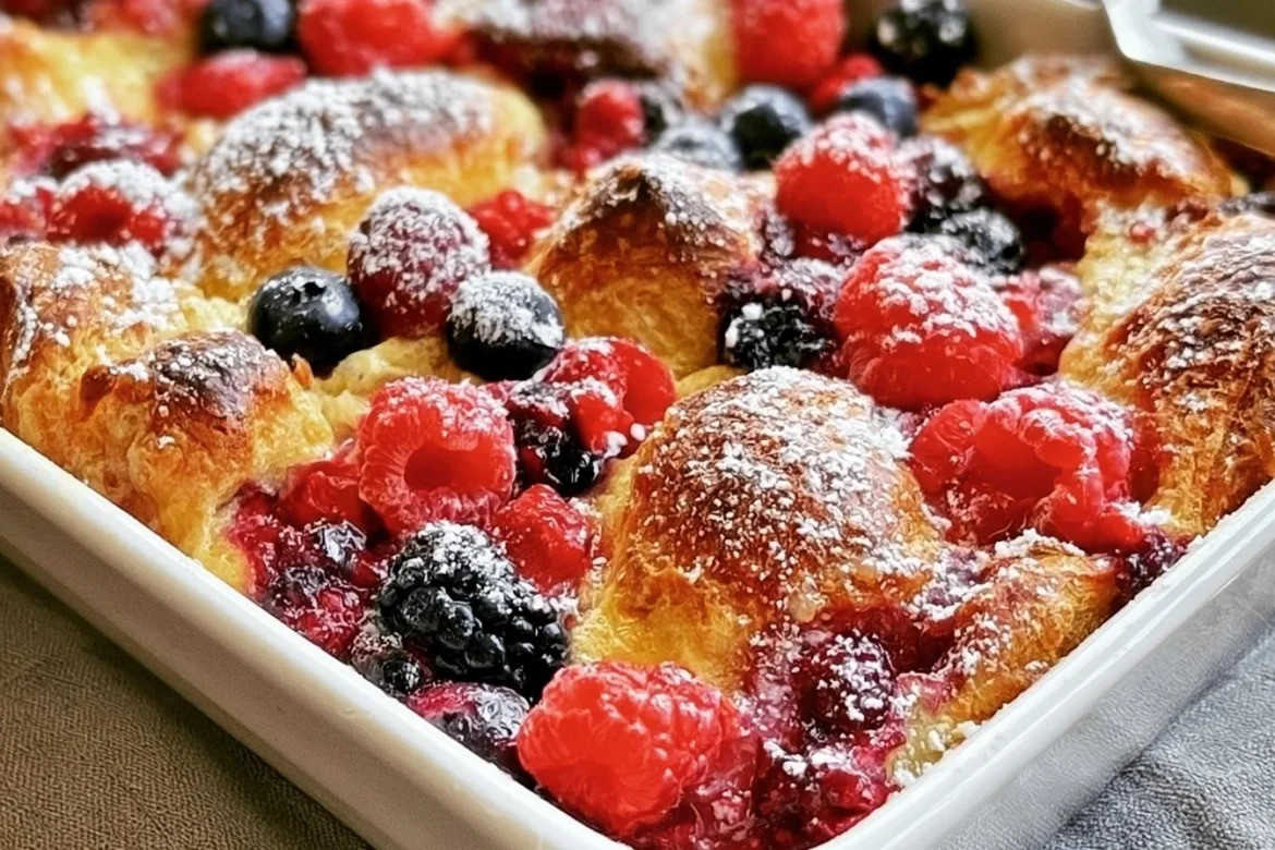 Delicious berry croissant bake topped with fresh berries and whipped cream