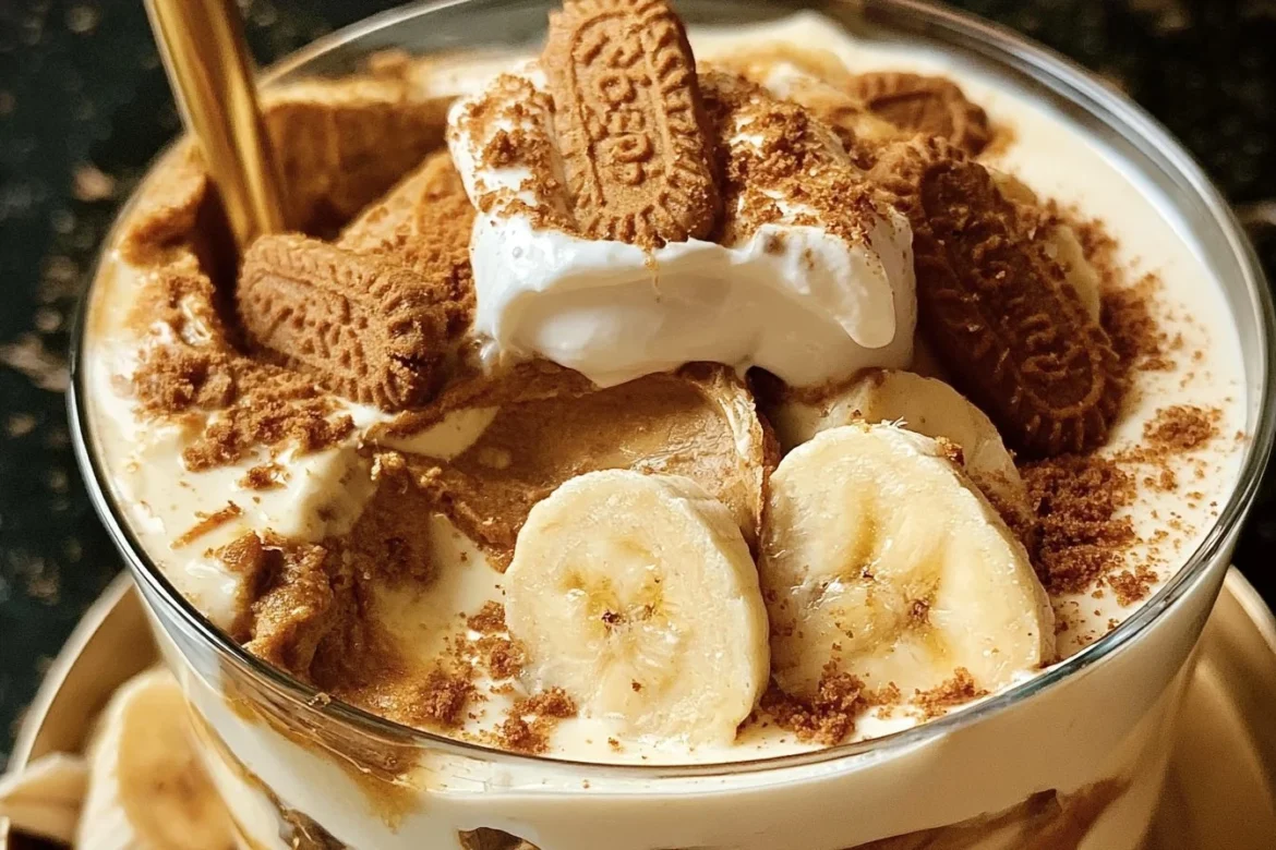 Delicious Biscoff banana pudding topped with whipped cream and Biscoff crumbs.