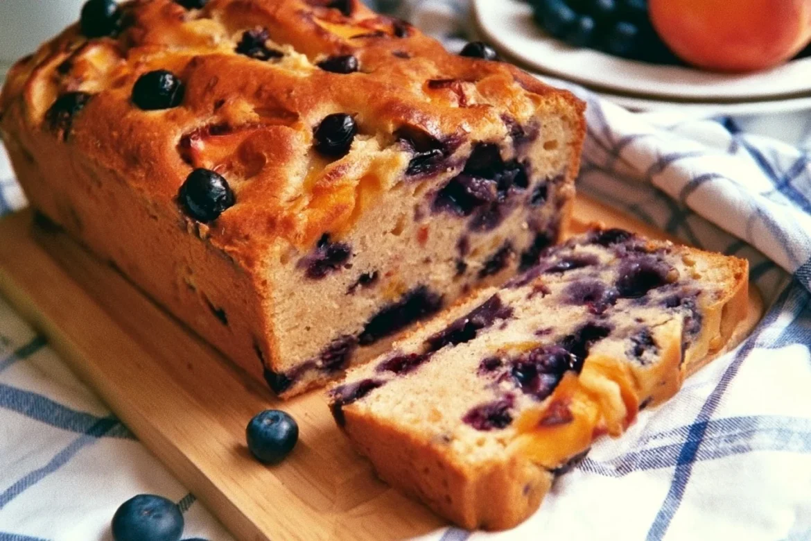 A slice of homemade Blueberry Peach Bread with fresh blueberries and peaches