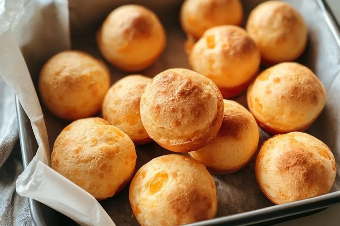 Freshly baked Brazilian cheese bread with a golden crust and cheesy filling.