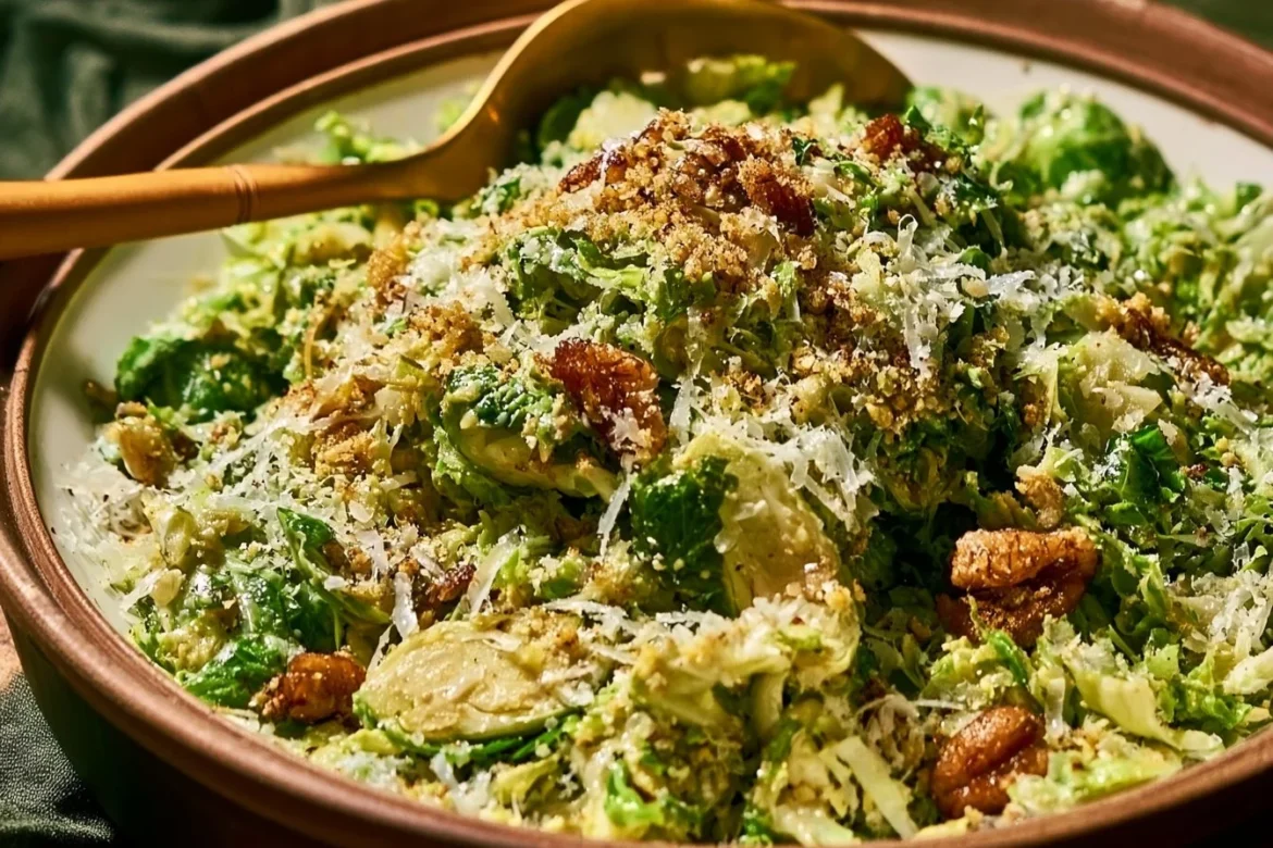 Brussels Sprouts Caesar Salad garnished with parmesan and croutons
