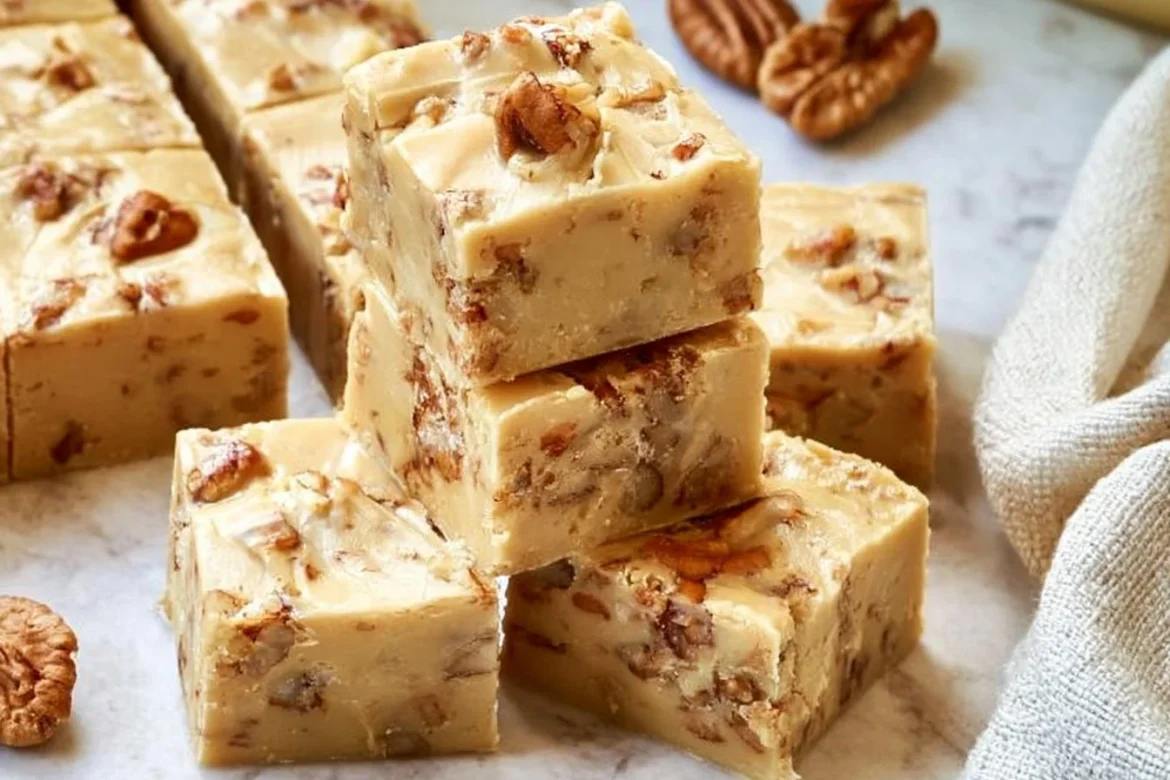 Delicious homemade butter pecan fudge on a white plate with pecan toppings.