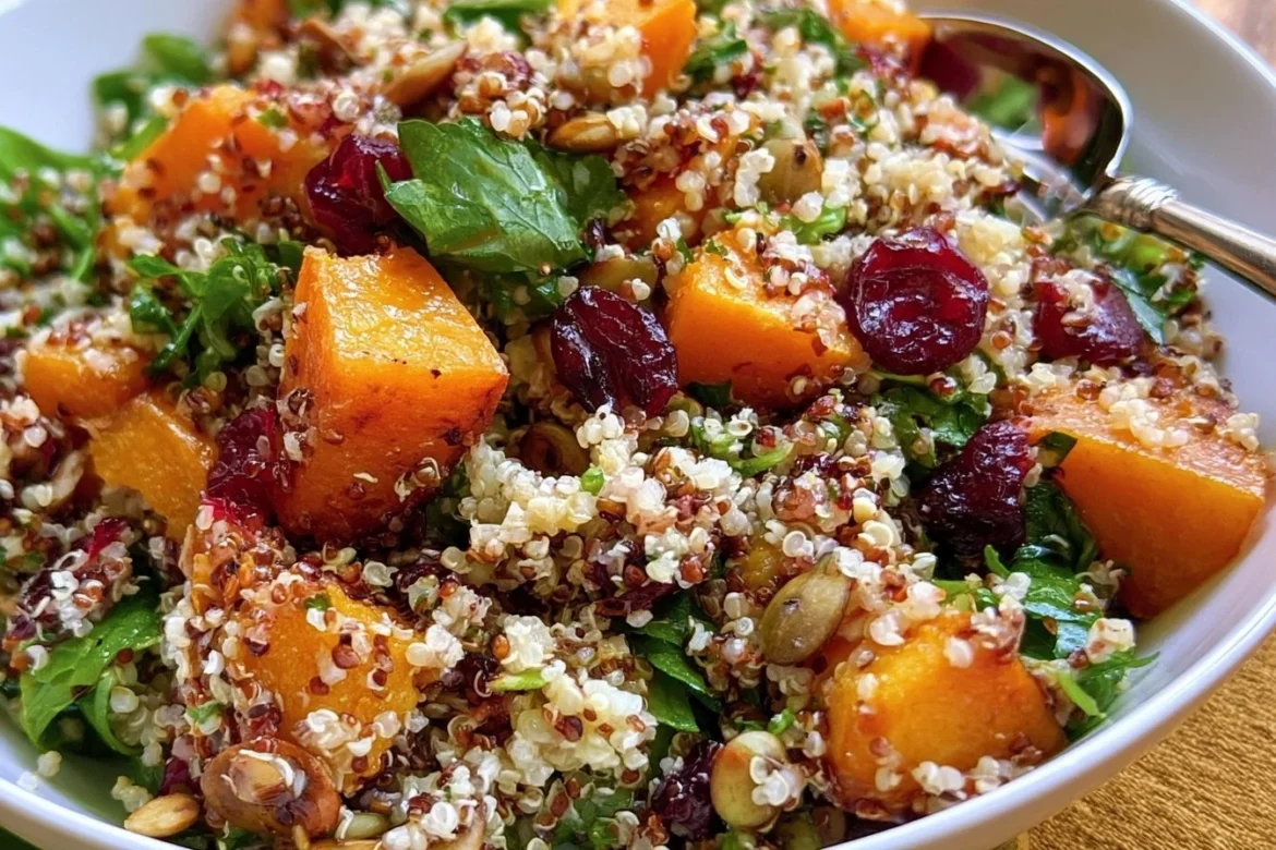 Butternut squash cranberry quinoa salad with vibrant veggies