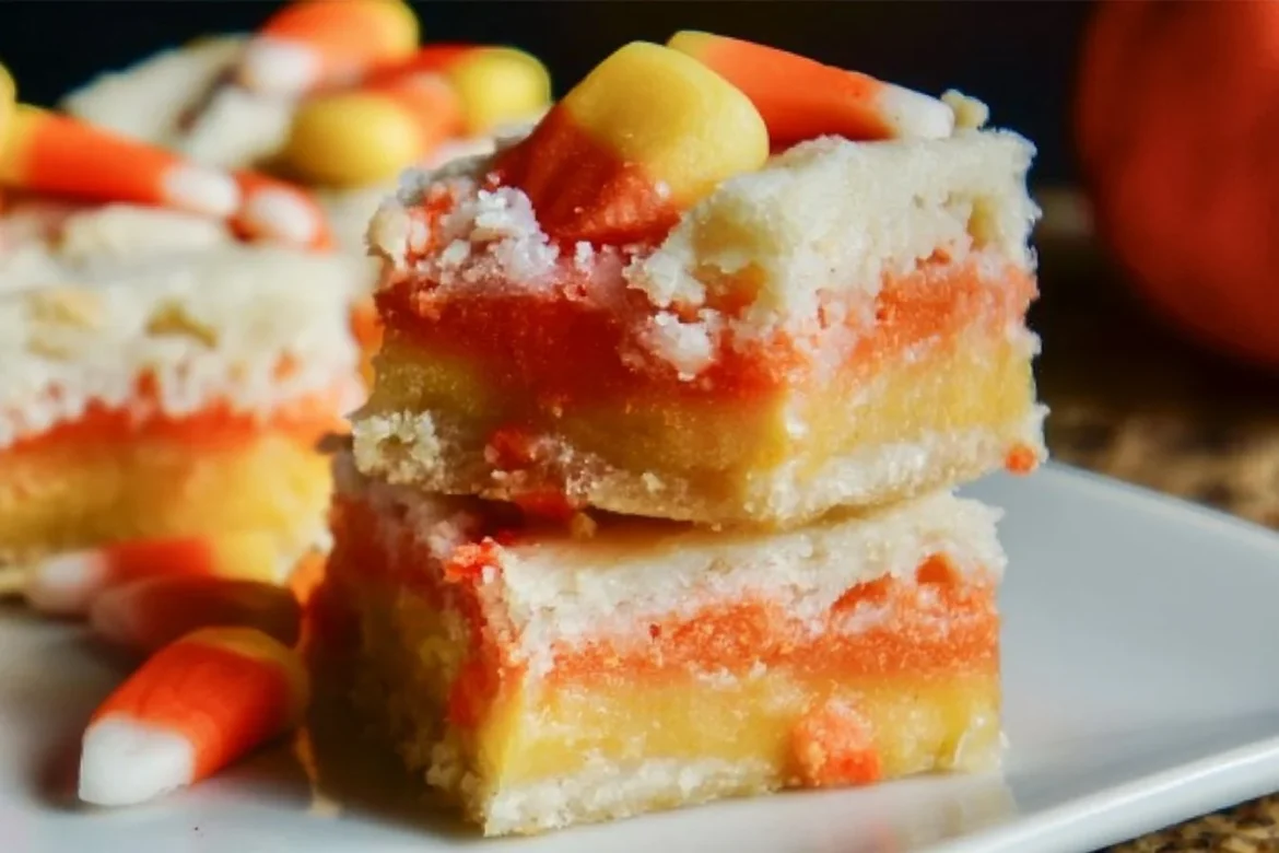 Delicious Candy Corn Cookie Bars decorated for Halloween