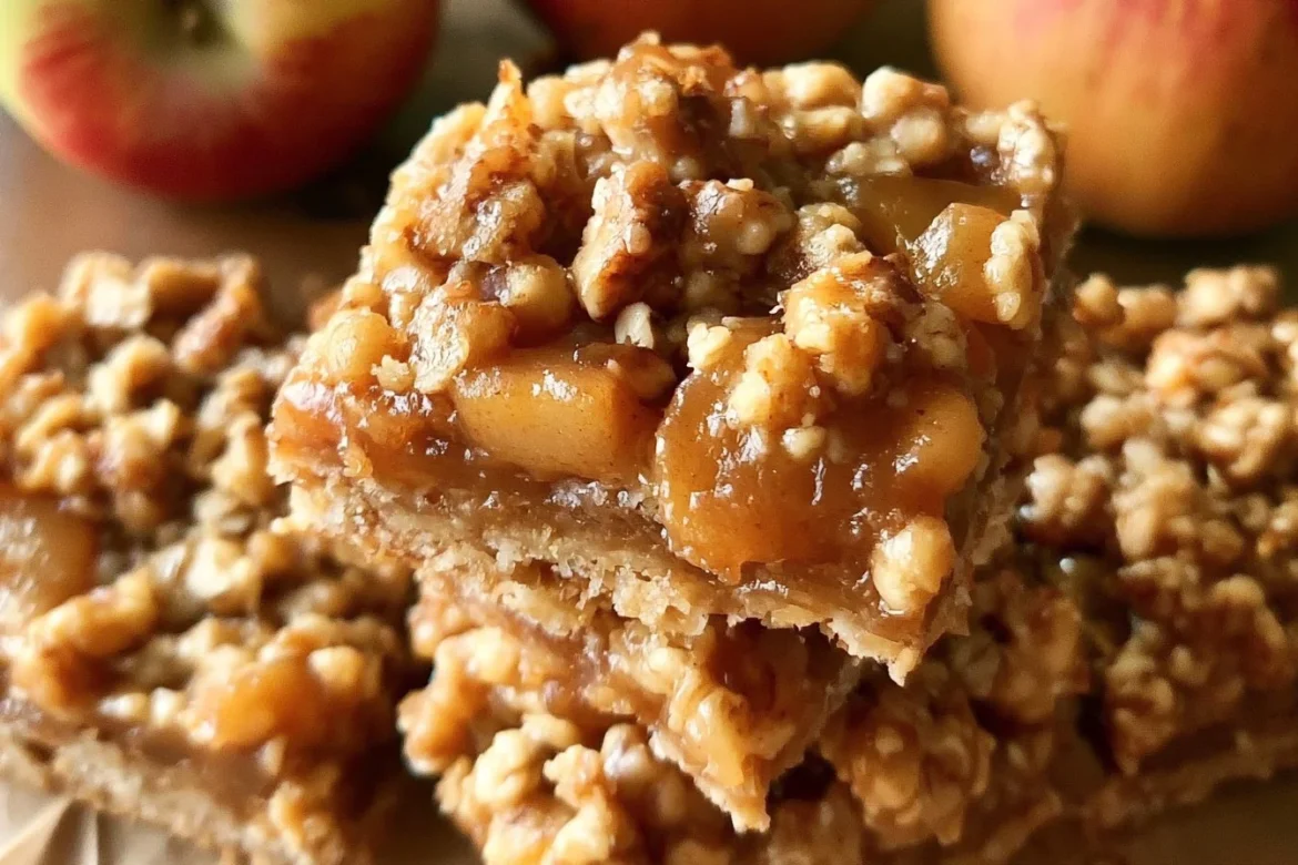 Delicious caramel apple oatmeal bars with a golden caramel drizzle on top.