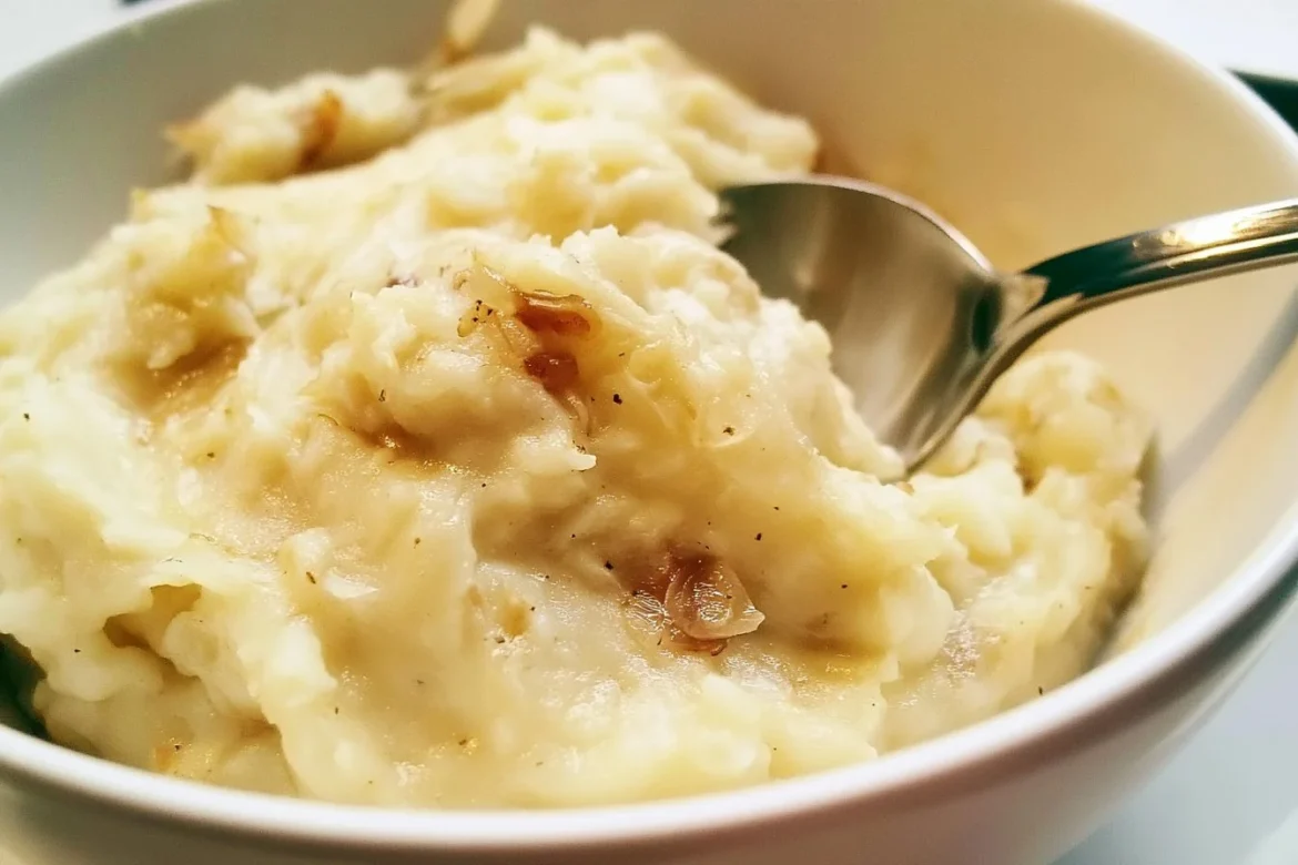 Creamy caramelized shallot mashed potatoes served in a bowl