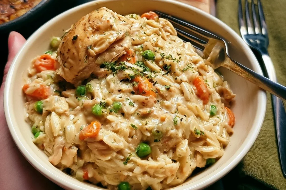 A hearty Chicken Pot Pie Orzo served in a bowl with fresh ingredients.
