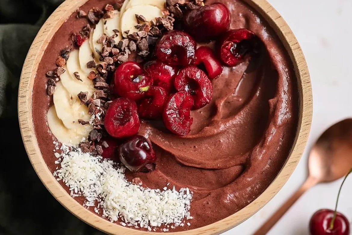 Delicious Chocolate Cherry Smoothie Bowl topped with fresh fruit and nuts