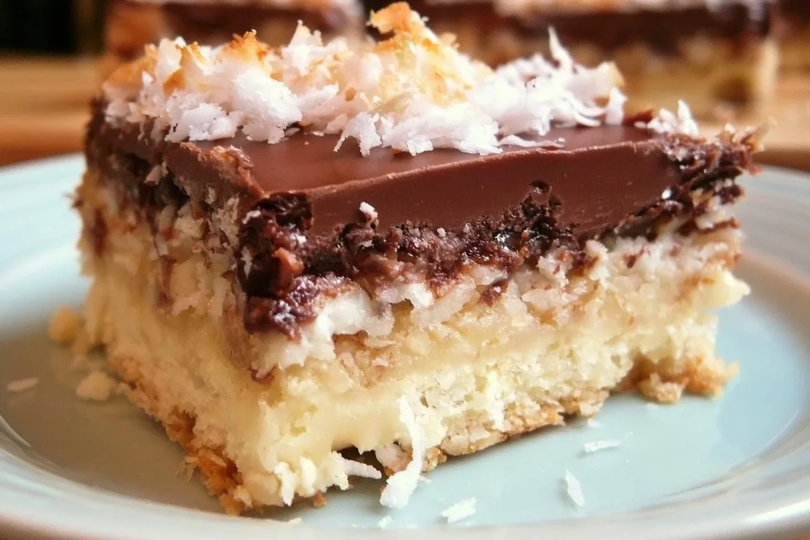 Delicious chocolate coconut bars stacked on a plate, perfect for dessert.