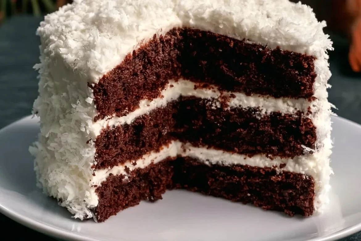 Delicious Chocolate Coconut Layer Cake with rich chocolate and coconut layers