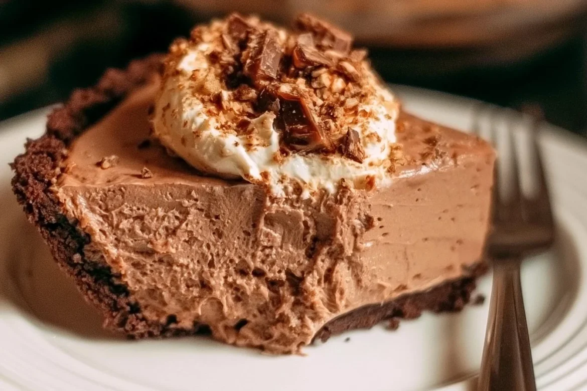 Delicious Chocolate Heath Pie with layers of chocolate and toffee crust