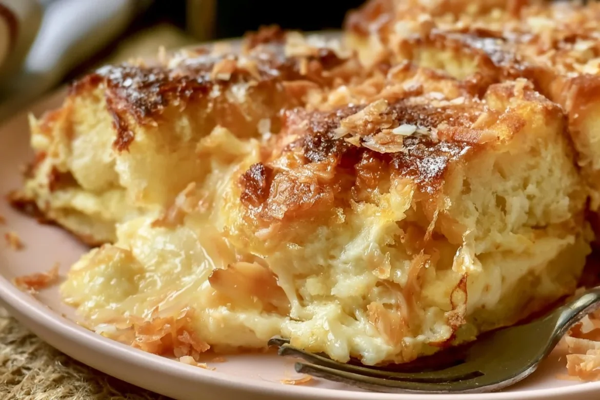 Delicious Coconut Cheesecake Bread Pudding with a creamy coconut topping
