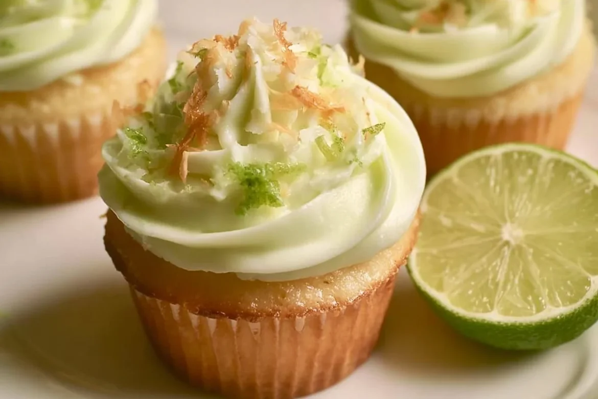 Delicious coconut cupcakes with lime frosting on a white plate