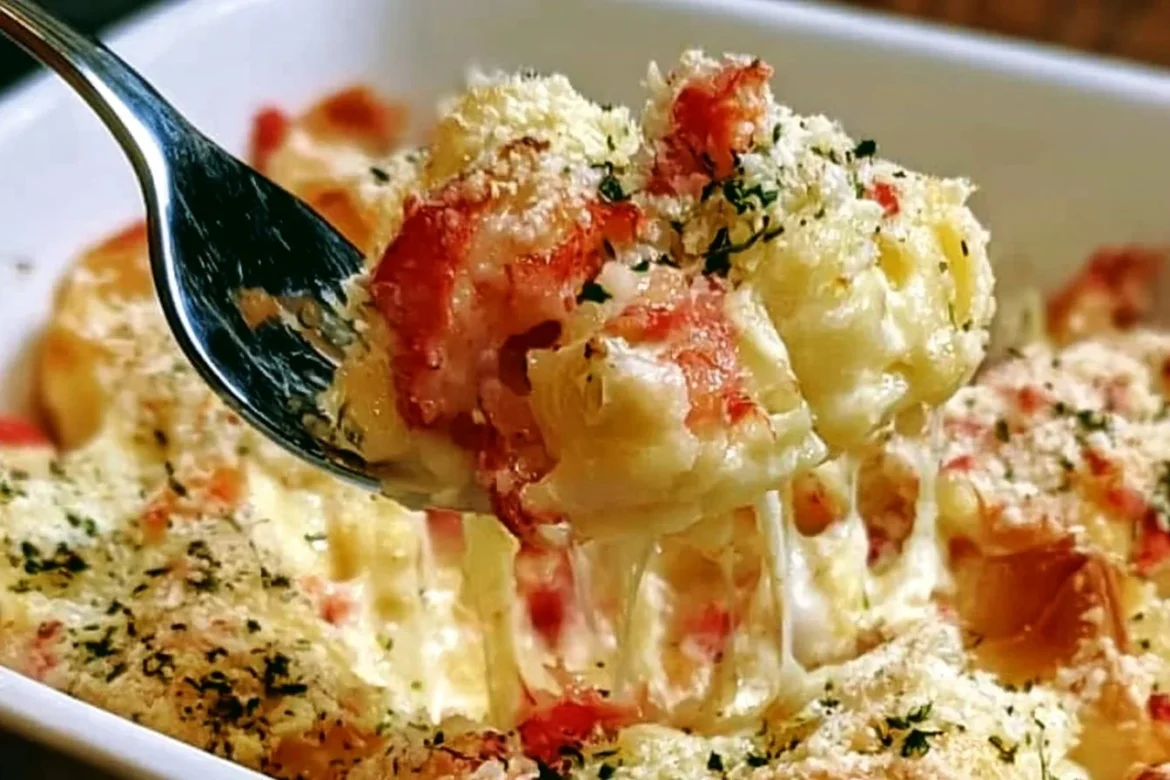 Delicious Crab Rangoon Casserole served in a dish, topped with green onions.