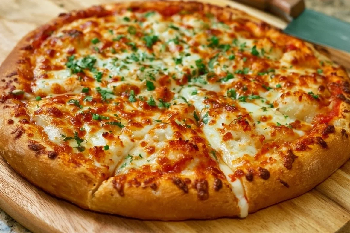 Delicious Crab Rangoon Pizza topped with crab and cream cheese on a crispy crust